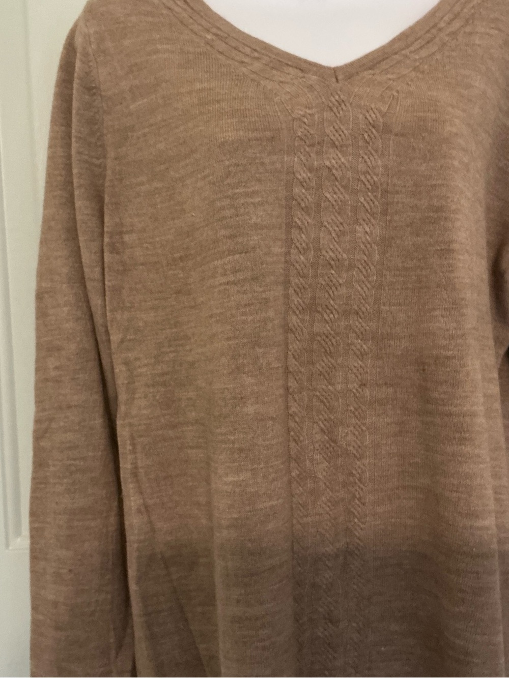 Karen Scott V-Neck Cable Front Sweater in Taupe
